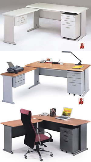 LD-180C L型辦公桌組(含塑膠中抽+高活動櫃+吊抽側桌)