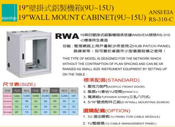 RWA-9U~15U 19”鋁製壁掛式機箱(深度50公分)